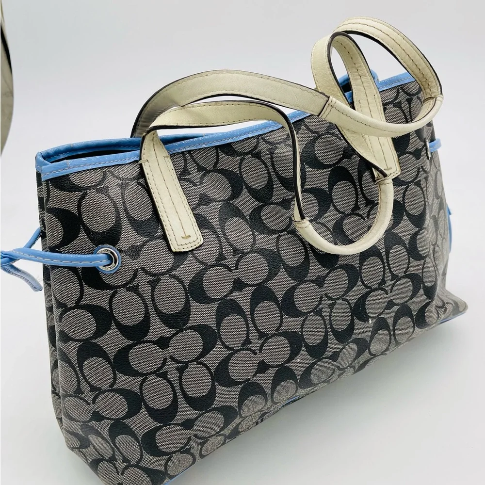 Coach Signature Canvas Satchel in Gray with Blue and Cream Stripes